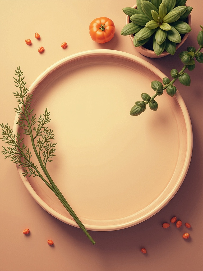 A round plate on a table with vegetables and plants. Soft lighting enhances the simple design. Green herbs and a small tomato are laid out with care. A cozy arrangement creates an inviting atmosphere.