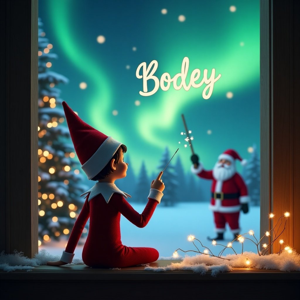 Elf character in a red outfit sits facing away. Elf uses a wand to write Bodey in the sky. Scene features Santa Claus with northern lights background. Christmas setting.