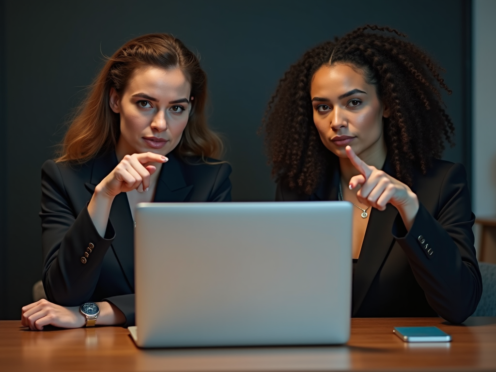 Two businesswomen in a formal setting pose confidently by a laptop, symbolizing teamwork and decision-making.