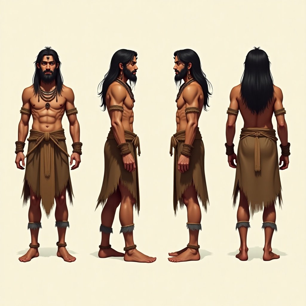 This image features a character design of an ancient warrior shown from four angles: front, back, and both sides. The character is a young man with long hair that reaches the nape of his neck, styled to enhance his tribal appearance. He wears traditional tribal attire, showcasing his muscular build while adorned with various pieces of jewelry, adding to his warrior persona. His feet are bare, emphasizing the naturalistic aspect of his design. The background is a plain light color, which helps to focus attention entirely on the character's details and attire.