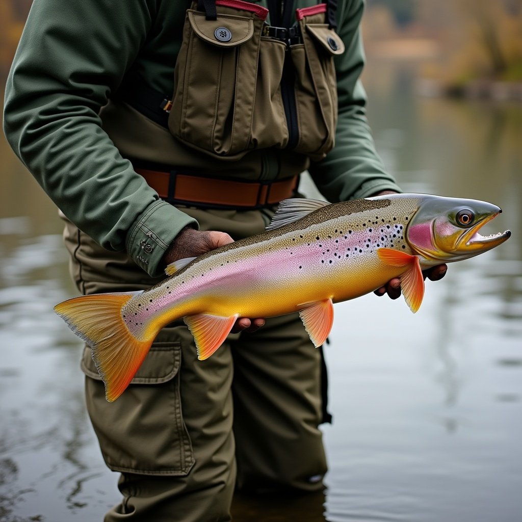 The image showcases a person holding a vibrant trout while standing in a body of water. The trout features bright orange and yellow hues with unique speckling along its sides. The angler is wearing fishing waders and a green jacket, emphasizing the outdoor experience. Soft focus on the background highlights the natural setting, creating a peaceful ambiance. This image captures the excitement of fishing, showcasing both the catch and the joy of the sport.