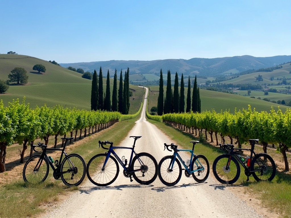 This scenic image captures a row of four bicycles positioned across a gravel road. The road is flanked by lush green grapevines that extend into the distance, meeting a line of tall cypress trees. The rolling hills in the background under a clear blue sky add to the idyllic and peaceful atmosphere.