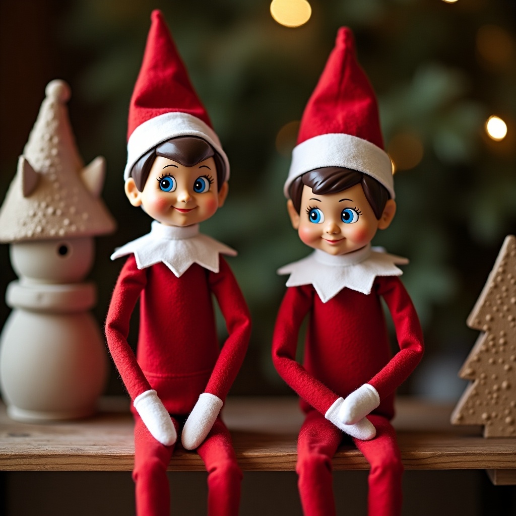 Two elves dressed in red, one with blue eyes and one with brown eyes, in a North Pole setting. The scene includes snow and holiday decorations.