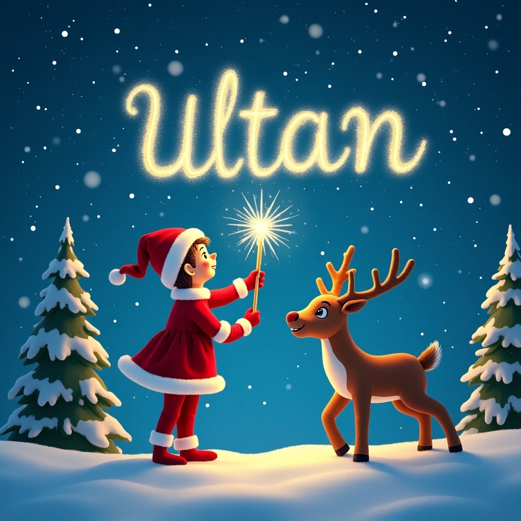 The image depicts an enchanting winter wonderland scene. An elf in a red and white outfit stands joyfully beside a reindeer. The elf is using a magical wand to write the name 'Ultan' in the night sky, surrounded by twinkling stars. Snow blankets the ground and evergreen trees frame the background. The overall atmosphere is festive and magical, perfect for a holiday theme.