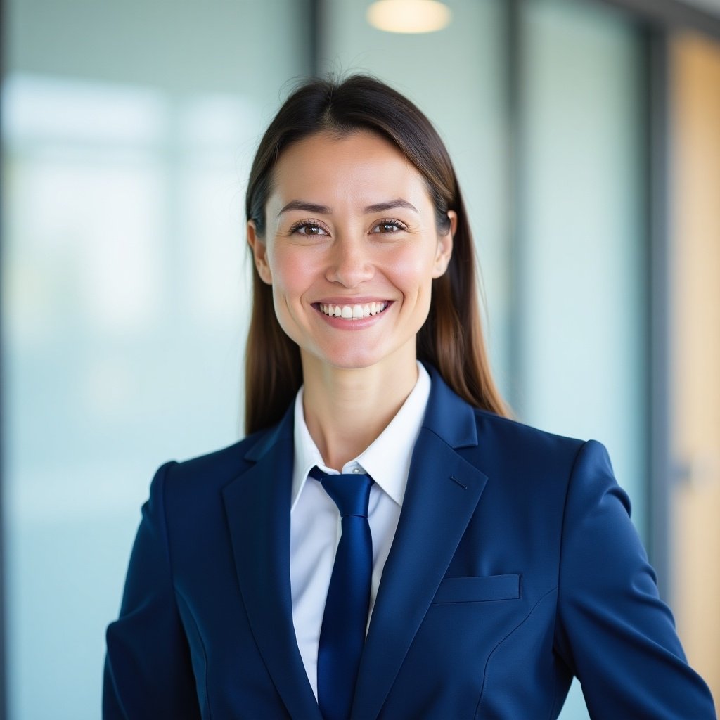 Passport size image of a person in a blue suit with professional quality