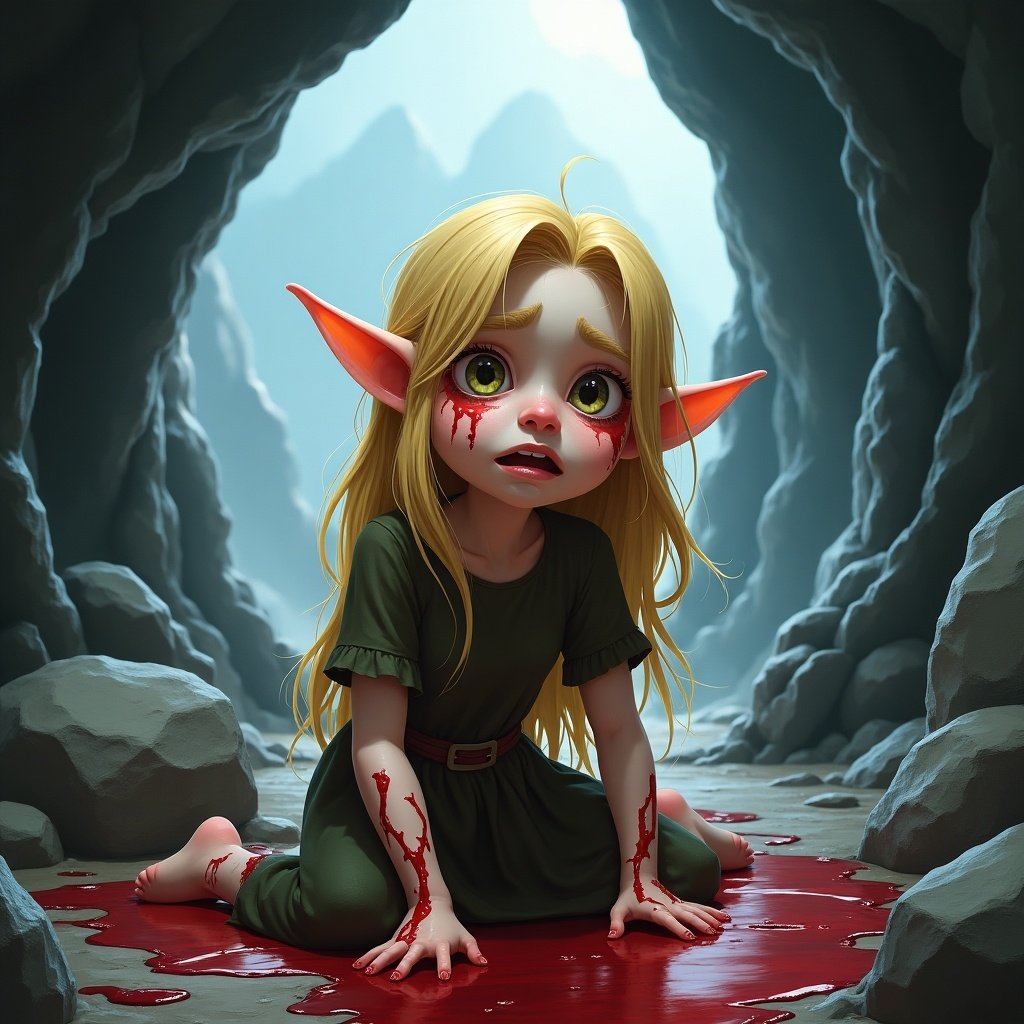 Image of a cute blond elf. She's badly injured and terrified. Set in a cave within a mountain. She appears cold and covered in blood.