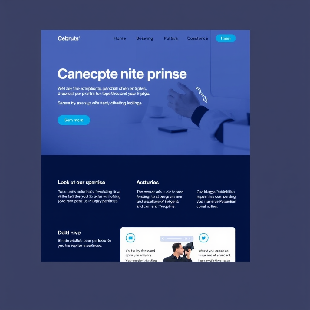 A sleek, modern web page layout with blue tones and gibberish placeholder text.