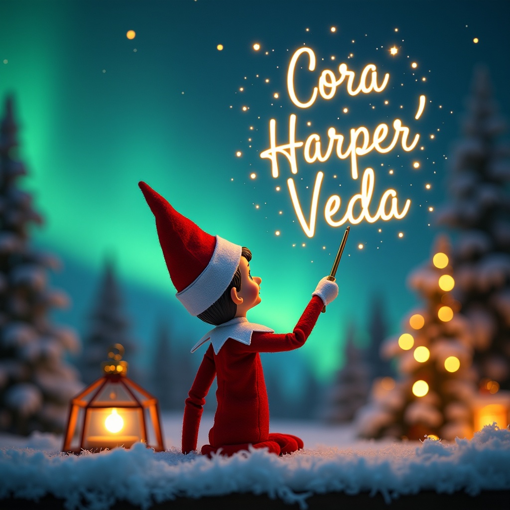 This image captures an enchanting Christmas scene featuring an elf on the shelf. The elf, dressed in traditional red and white attire, is positioned with his back to the viewer, gazing up at the sky. He wields a magic wand, casting a glowing script that reads 'Cora', 'Harper', and 'Veda'. The backdrop is stunning, showcasing vibrant northern lights that enhance the magical atmosphere. Soft lighting adds to the festive spirit, making the scene feel warm and inviting. This whimsical twist on the holiday season evokes feelings of wonder and excitement, perfectly embodying the joy of Christmas.