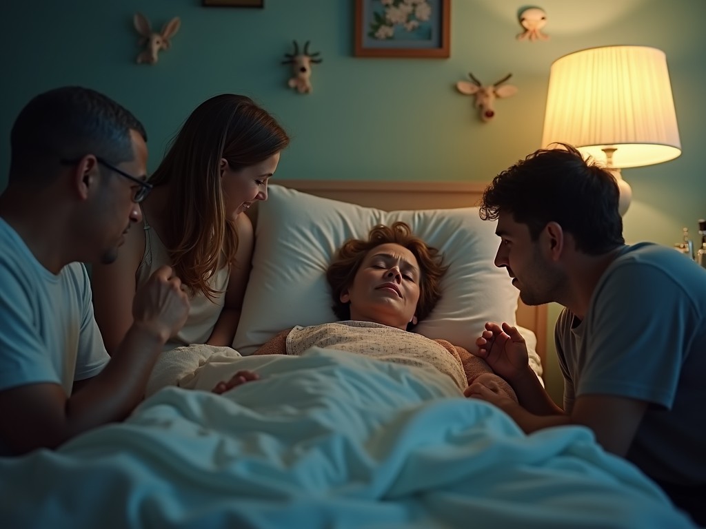 The image depicts a touching scene in a softly lit bedroom where four loved ones gather around a woman in bed. She appears to be in a vulnerable state, and the expressions on the faces of her family members convey deep emotions. Two are leaning in closely, showing concern and tenderness, while the third looks on, full of sorrow yet love. The room has a gentle pastel color scheme and warm light, adding to the emotional atmosphere of the moment. This environment captures the bittersweet essence of saying goodbye, evoking feelings of love, loss, and the importance of family connection.