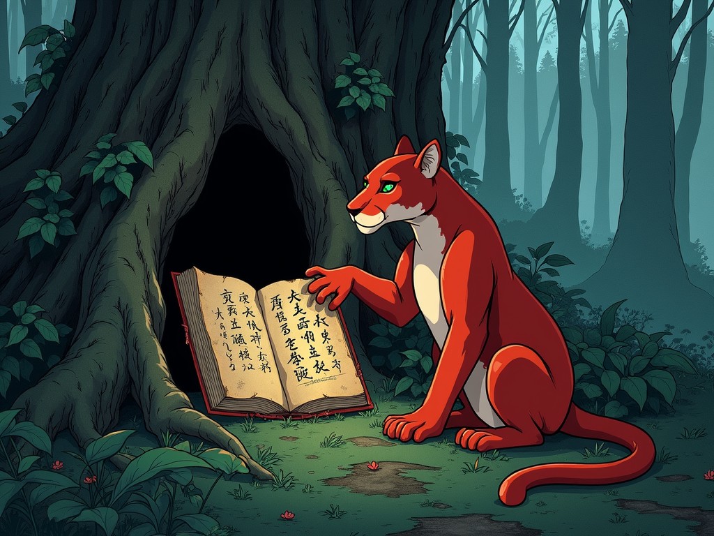 In a mystical woodland setting, a red-furred feline creature appears captivated by an ancient book filled with ornate symbols, nestled in the trunk of a grand, gnarled tree. The scene is enveloped in a serene, misty ambiance, typical of an ethereal forest, as filtered sunlight creates a gentle glow between the dense trees.