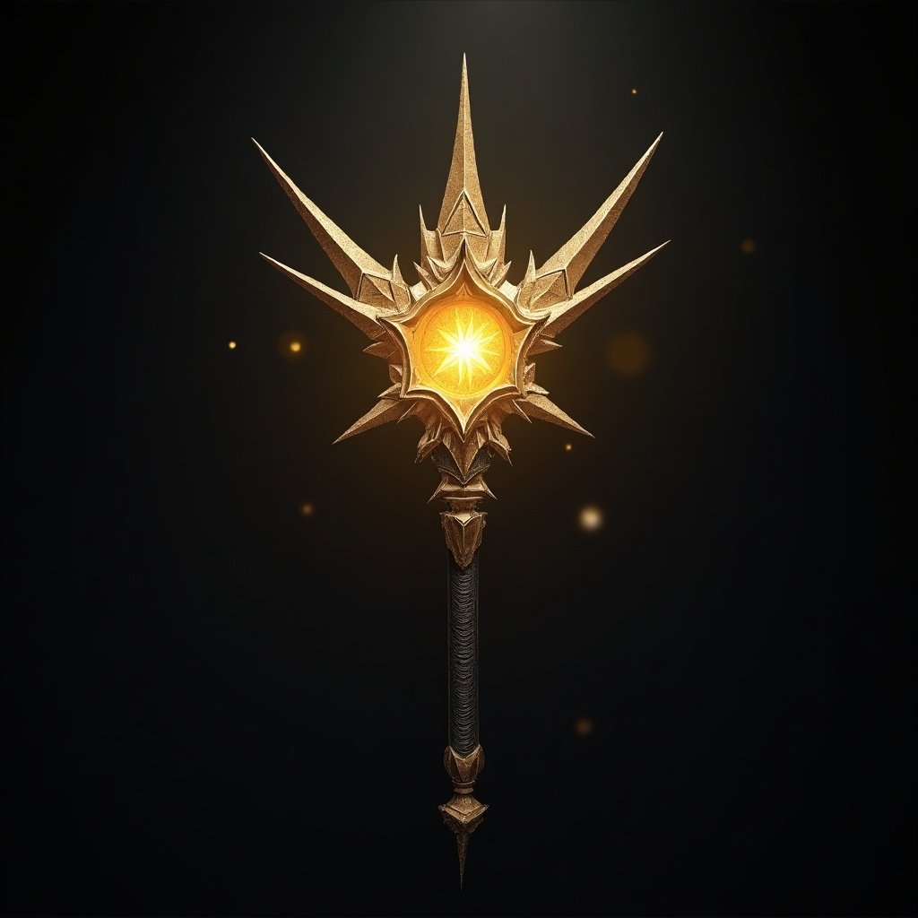 Legendary weapon depicted as a prism. Golden staff with a bright center. Titled 'Prism of Poverty'.