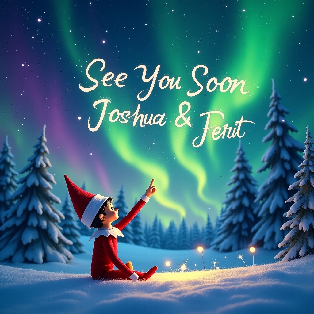 This image depicts a charming Elf on the Shelf dressed in red and white, happily pointing up at a vibrant night sky filled with colorful northern lights. The elf appears to be writing the words 'See You Soon' with a whimsical flourish. Surrounding the elf are tall pine trees, dusted with snow, creating a magical winter wonderland. The atmosphere is festive and joyful, evoking a sense of wonder typical of holiday stories. The night sky is illuminated with swirling greens and purples that enhance the enchanting feel of the scene.