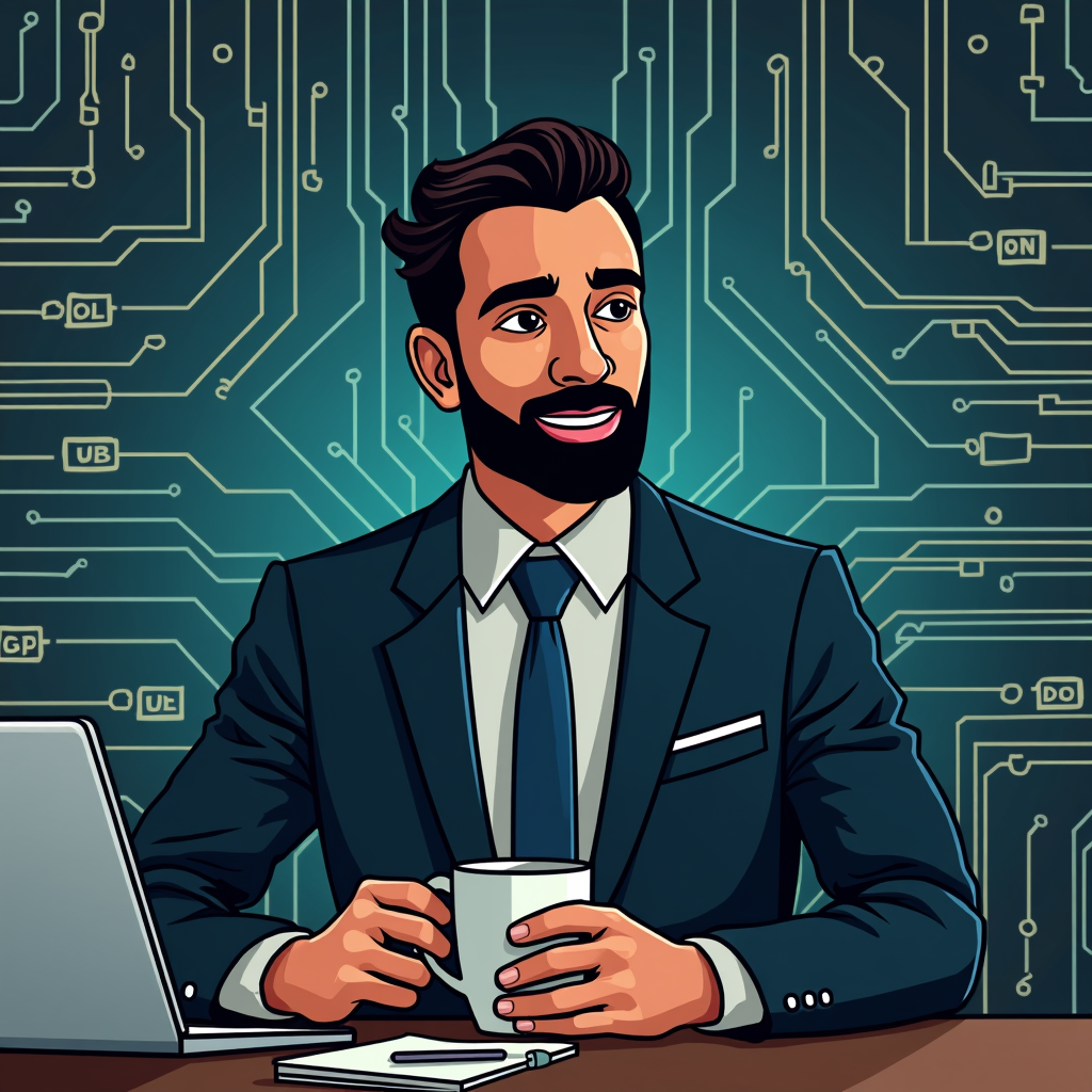 An animated businessman holds a mug, sitting next to a laptop with a futuristic circuit board backdrop, symbolizing technology and innovation.