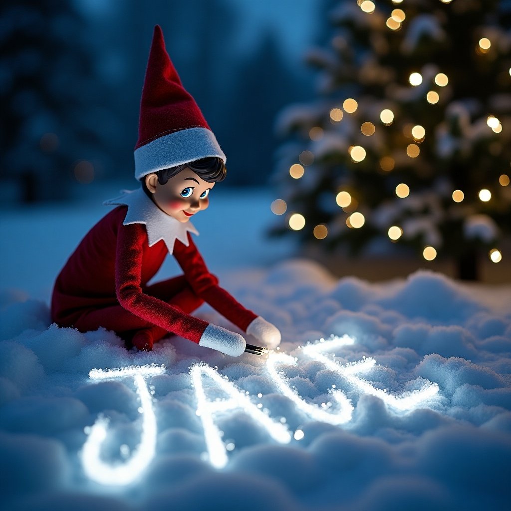 A whimsical scene shows an elf on the shelf joyfully kneeling in snow, magically using lights to write names in cursive. The elf, dressed in a classic red and white outfit, looks cheerful. Surrounding him is a softly lit Christmas tree adding a warm glow to the surroundings. The names 'Carter', 'Josie', 'Aleksander', and 'Max' are artistically presented in sparkling light, with 'Jace' being the focus. The snow sparkles under the lights, enhancing the magical feel of the moment. This captures the essence of holiday traditions and childhood wonder.