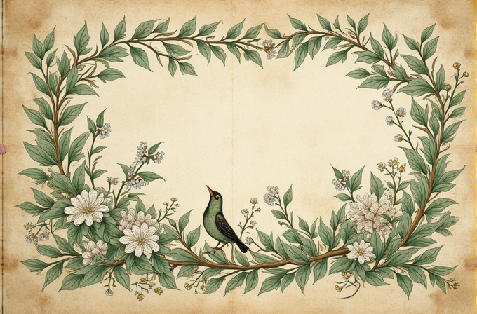 A vintage-style border of green leaves, white flowers, and a bird creating an elegant frame on a textured, aged background.