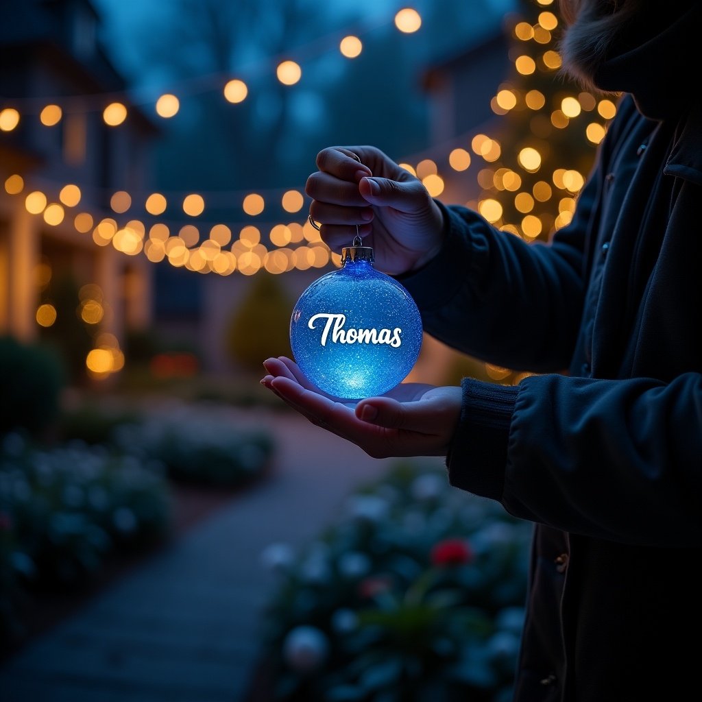 Serene night garden setting with a character holding a blue Christmas bauble. The bauble features the name Thomas, glowing warmly against the dark surroundings. Twinkling Christmas lights enhance the magical atmosphere, highlighting personalized holiday celebrations.