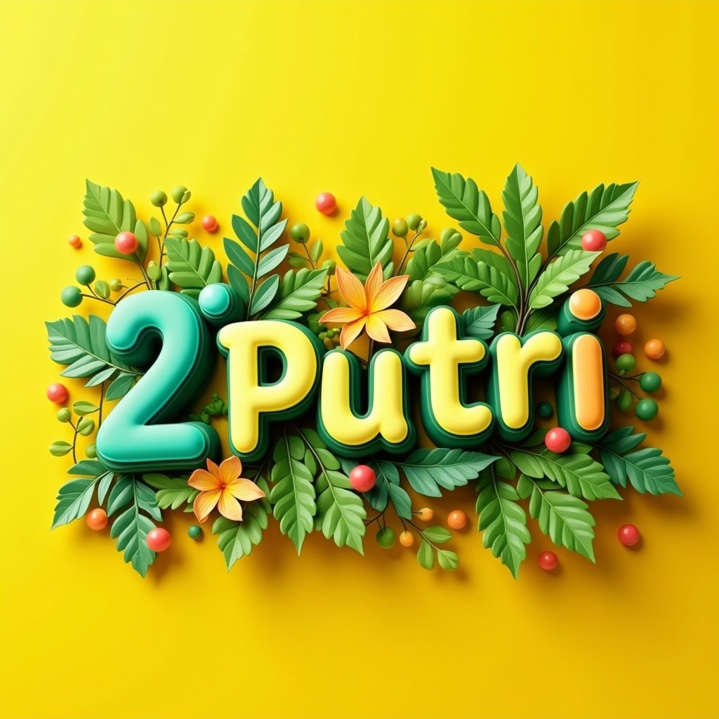 Vibrant and playful 3D text. Main text reads '2Putri'. Surrounded by colorful foliage. Decorative leaves in various green shades. Background is bright yellow. Modern and artistic style.