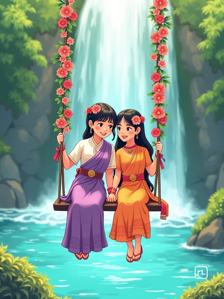 Two characters sitting on a swing surrounded by flowers. Waterfall in the background. Characters wear traditional dresses. Scene conveys happiness and connection. Lush green environment adds a magical quality.