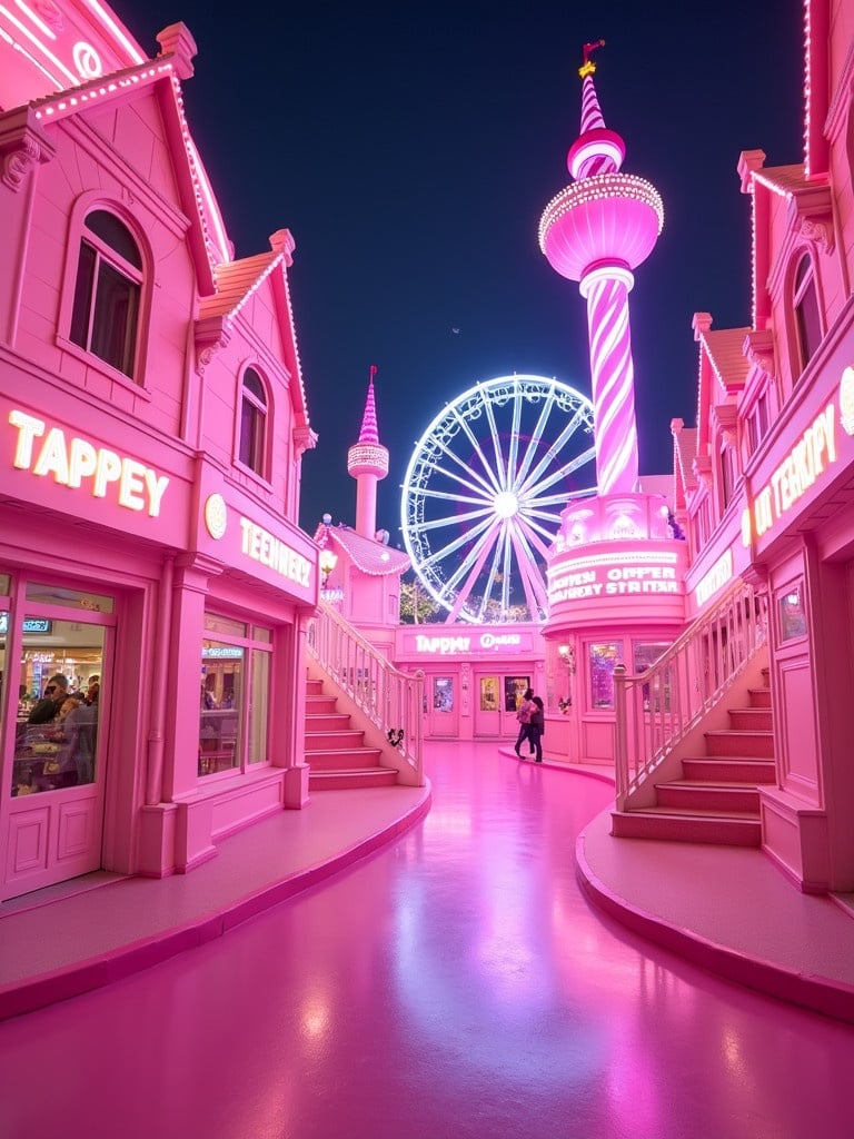 Wide angle photo of neon pink TAPPEY TEENERZ candy factory themed amusement park with large candy sculptures and flashy rides. Bright neon lights illuminate the scene.