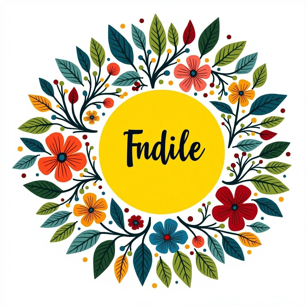 Colorful circular illustration with floral design. Vibrant leaves and flowers surround a central yellow circle. Stylized text is featured in the center.