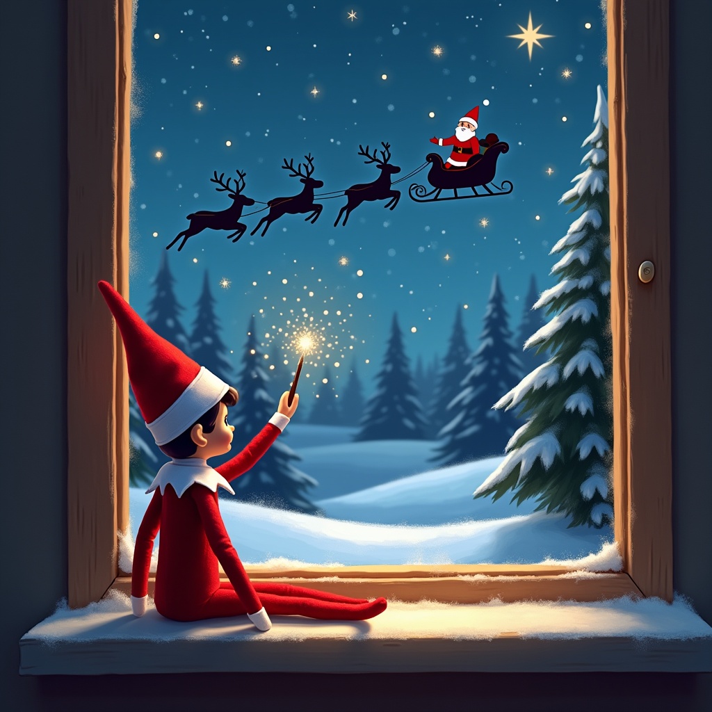 This enchanting scene features an Elf on the Shelf sitting by a window, facing away from the viewer. The elf joyfully wields a wand, creating sparkles in the night sky. Names like Aryah, Boston, and Levii are written beautifully in the air. In the background, Santa's silhouette glides in a sleigh, pulled by reindeer through a serene, snowy landscape. The warm glow from the window adds to the magical winter night ambiance, complemented by the presence of pine trees and a starry sky.