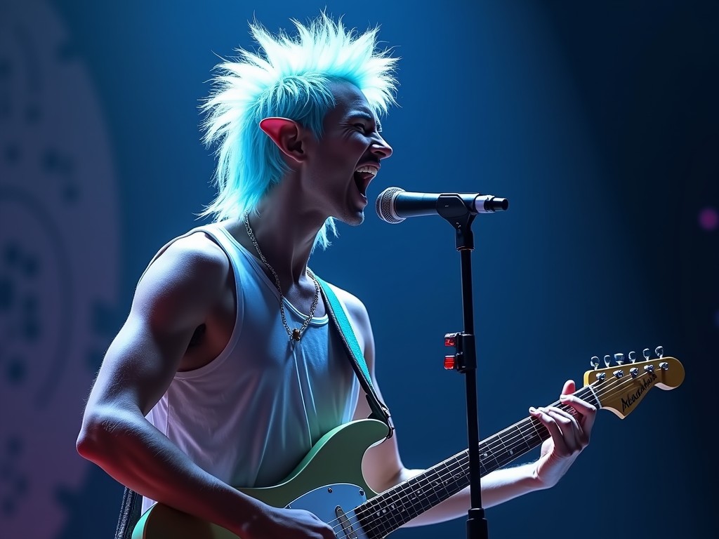 This image portrays an elf with striking turquoise hair and vibrant magenta ears passionately singing into a microphone. The elf is playing an electric guitar on stage, immersed in a dramatic spotlight that casts deep shadows and highlights the dynamic intensity of a live performance. The background is dim, emphasizing the power and emotion of the scene.