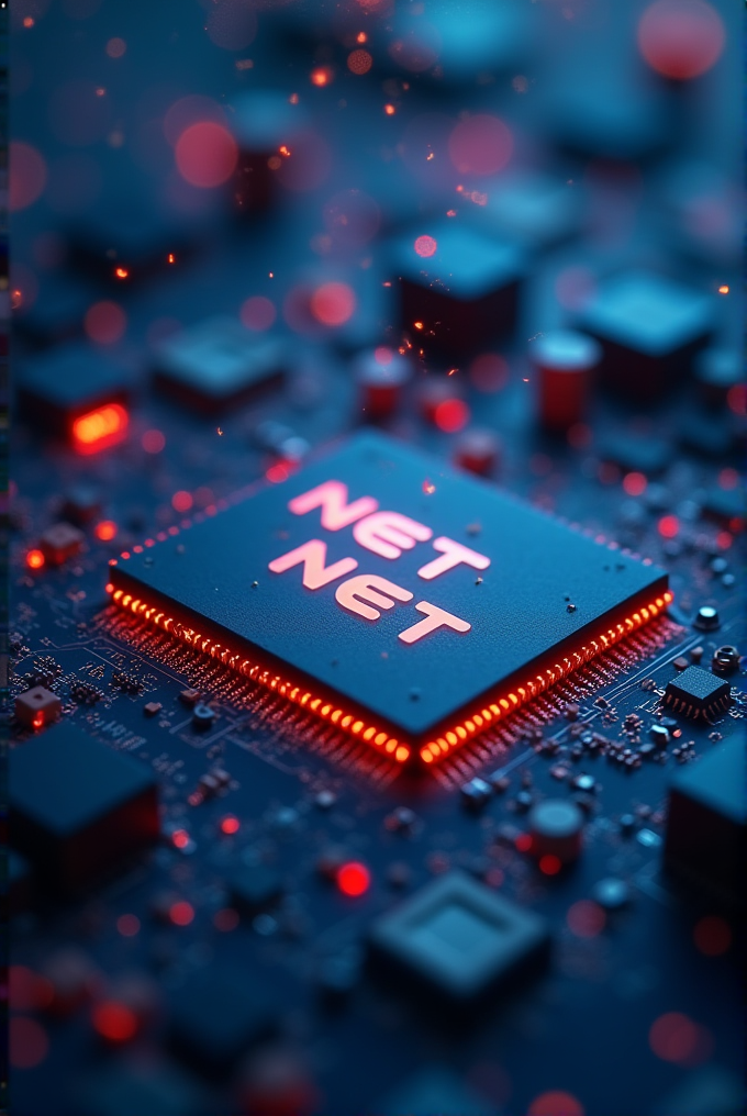 A close-up view of a computer chip labeled 'NET' with glowing red lights and circuitry details, evoking a futuristic technology theme.