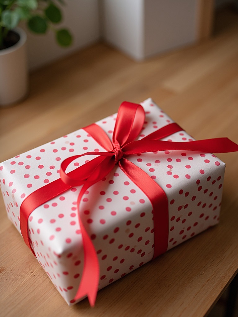 A wrapped gift with red ribbon and polka dot paper on a wooden surface.