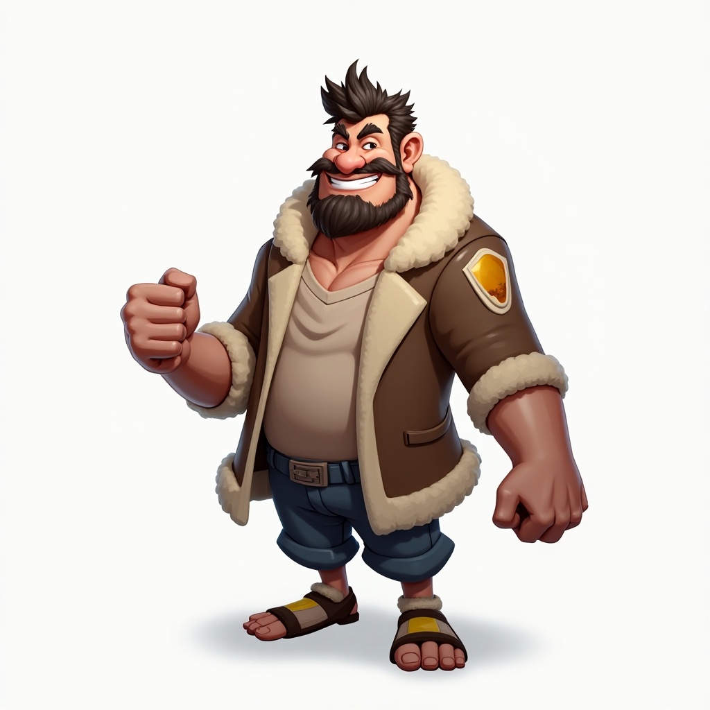 Character design featuring a burly man wearing a brown shearling jacket and shorts. He has a confident smile and stands in a heroic pose. The background is a plain white.