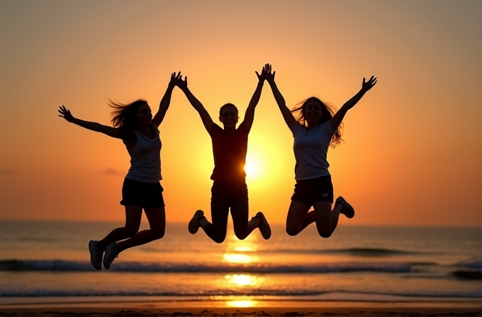 Three people are jumping joyfully on a beach at sunset.