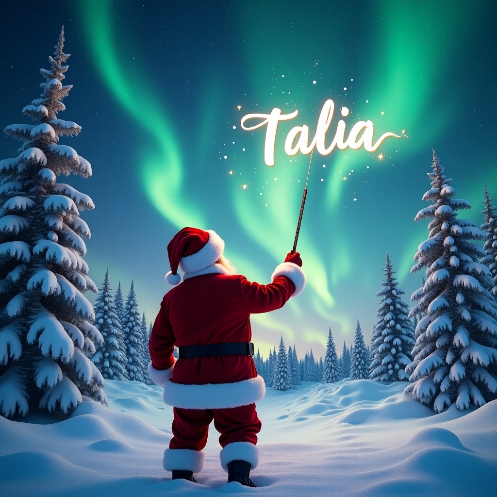 Santa Claus stands in a snowy landscape facing the sky. He uses a wand to write the name 'Talia' in the air. Northern lights arch across the clear, starry sky. Snow-covered trees frame the scene creating a festive atmosphere.