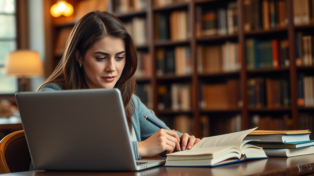 A woman working diligently at a laptop in a library, surrounded by books.