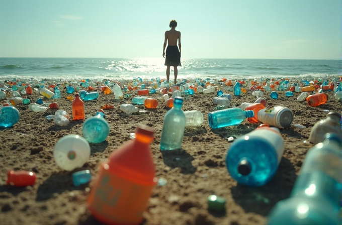 A lone figure stands on a beach littered with colorful plastic bottles and debris, gazing out at the ocean.