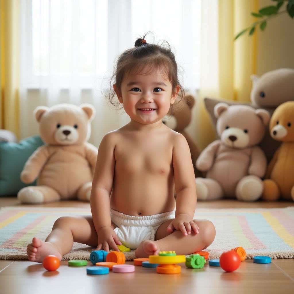 A young girl plays on the floor surrounded by colorful toys. The room has soft natural light. Plush teddy bears decorate the background. The girl appears joyful and engaged.