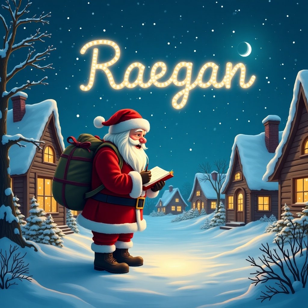 The image depicts Santa Claus in a charming, snowy village, wearing his traditional red suit with a large bag on his back. He is softly illuminated by a glowing moon as he takes a moment to write in his notebook. Above him in the night sky, the name 'Raegan' is whimsically spelled out with glowing lights, adding a touch of magic to the scene. The quaint cottages are dusted with snow, further enhancing the festive atmosphere. This heartwarming moment captures the essence of Christmas wonder and joy.