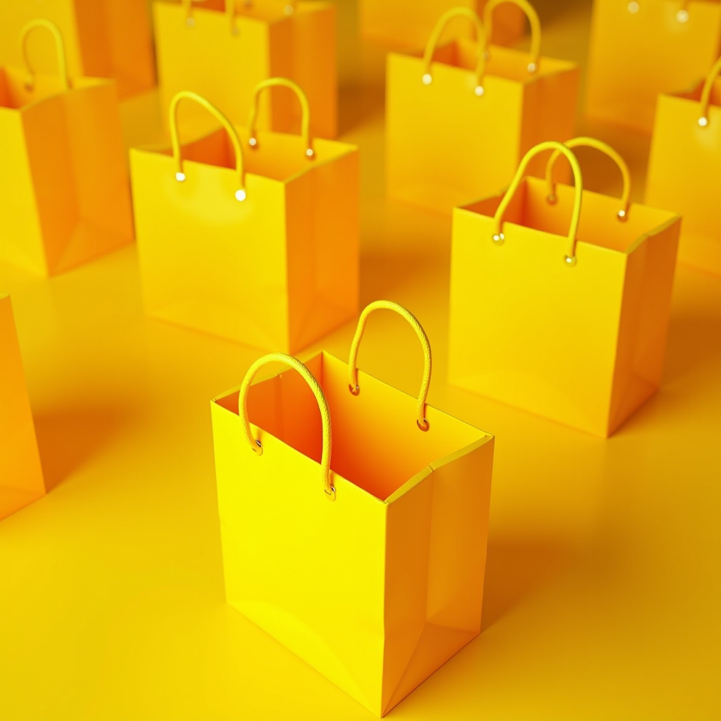 A vibrant collection of bright yellow shopping bags arranged in a pattern, exuding a cheerful and lively atmosphere.