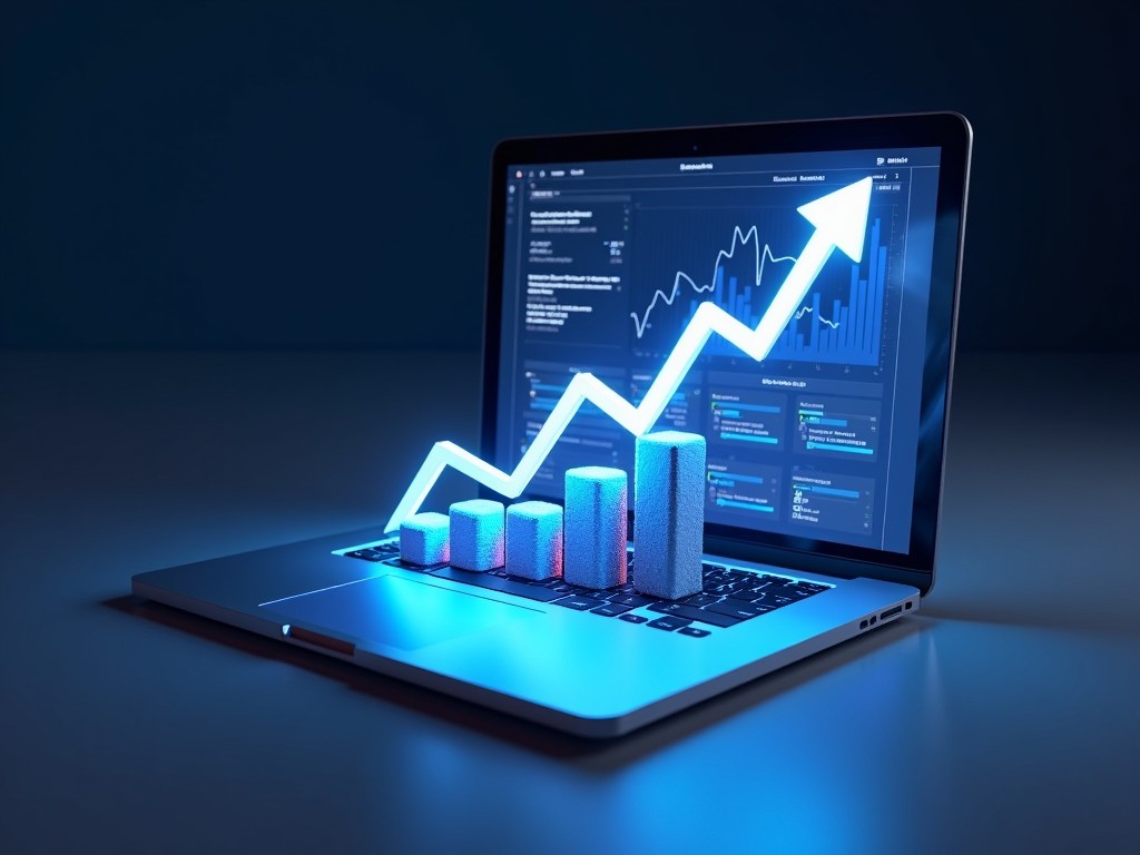 This digital artwork depicts a futuristic technology theme with a 3D bar graph and an upward trend line. The graph emerges from a sleek laptop, representing data growth and analytics. The background features soft blue lighting, enhancing the tech aesthetic. It's designed to convey a sense of advancement in technology and data management. This piece is ideal for illustrating concepts in finance, data analytics, and business growth environments.