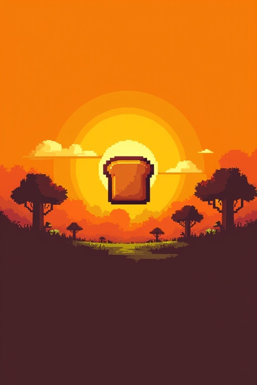 Bright orange sunset background with pixel art style. Centered pixel bread icon in front of glowing sun. Minimalistic Minecraft landscape with trees and grass below. Features glowing yellow and black text for server branding at the bottom. Simple and modern aesthetic for gaming communities.