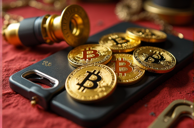 Golden Bitcoin replicas rest on a smartphone surrounded by luxury items.