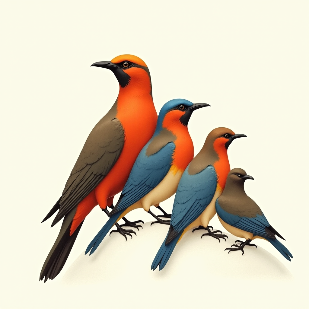 Four brightly colored birds with orange and blue plumage stand side by side against a plain background.