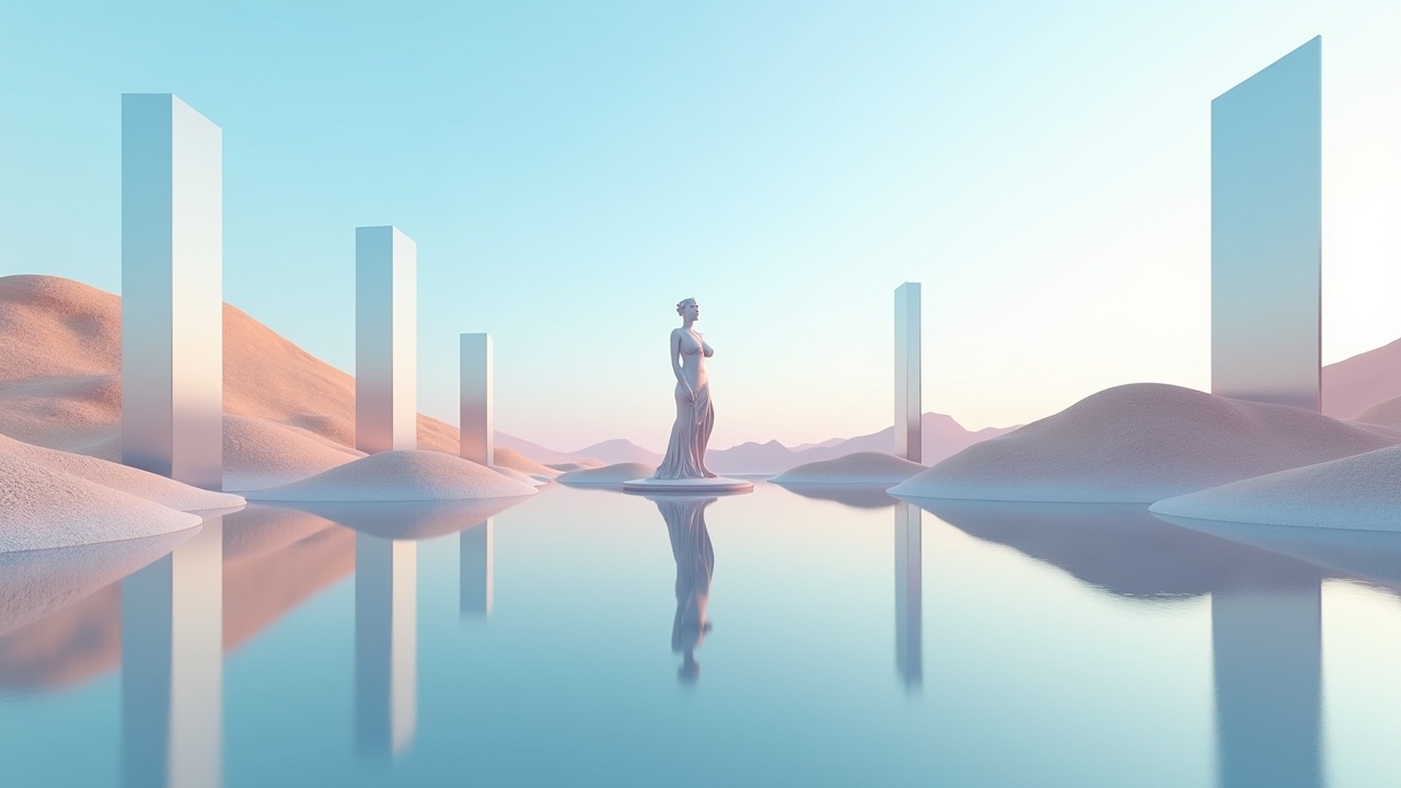 This image depicts a serene and ethereal landscape featuring a classical statue standing on an isolated island in the center of a calm water body. Surrounding the statue are tall, reflective pillars that add to the surreal atmosphere. The soft pastel colors create a peaceful and dreamy setting, while the smooth terrain and gentle slopes suggest a fantasy world. The reflection in the water enhances the overall tranquility of the scene, making it a perfect representation of digital artistry. It's a scene that evokes feelings of calmness and wonder.