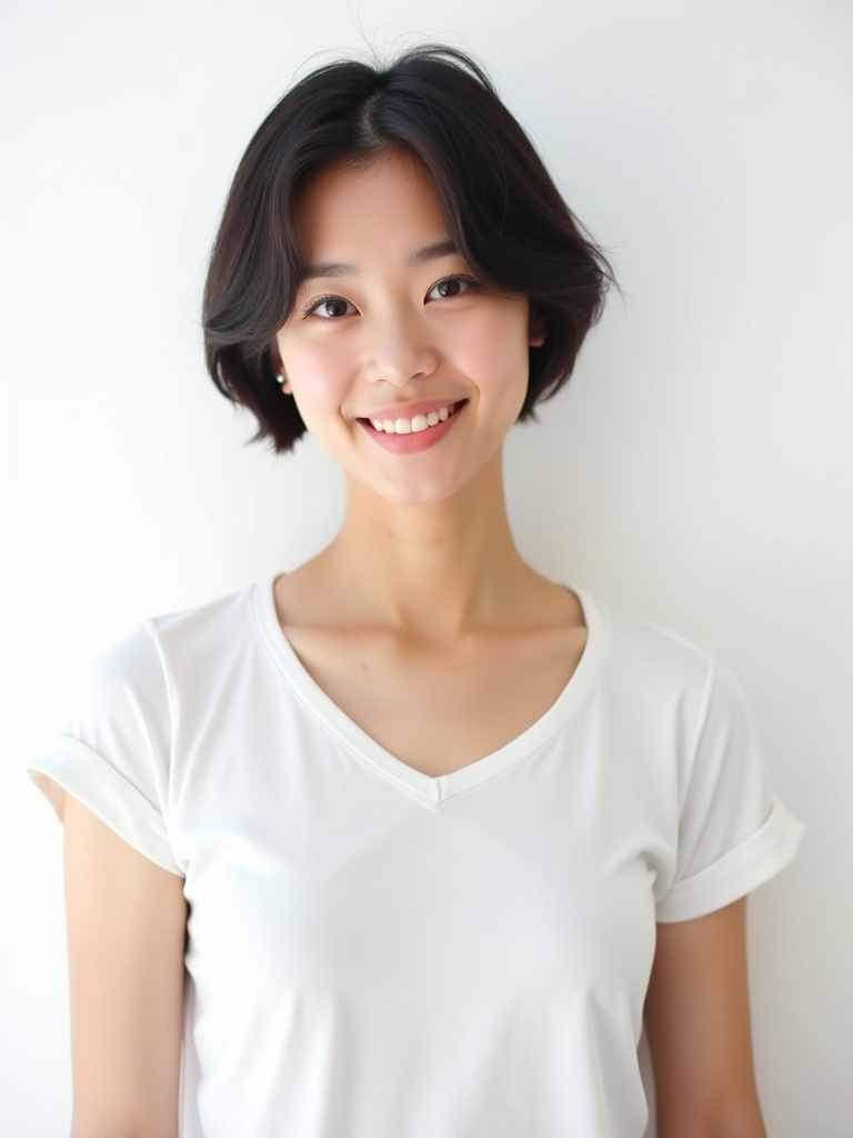 A 28-year-old Asian woman stands facing the camera. She wears a white T-shirt. Hair is short and dark. The expression is confident and intelligent. Soft natural light enhances her warm appearance. The background is pure white.