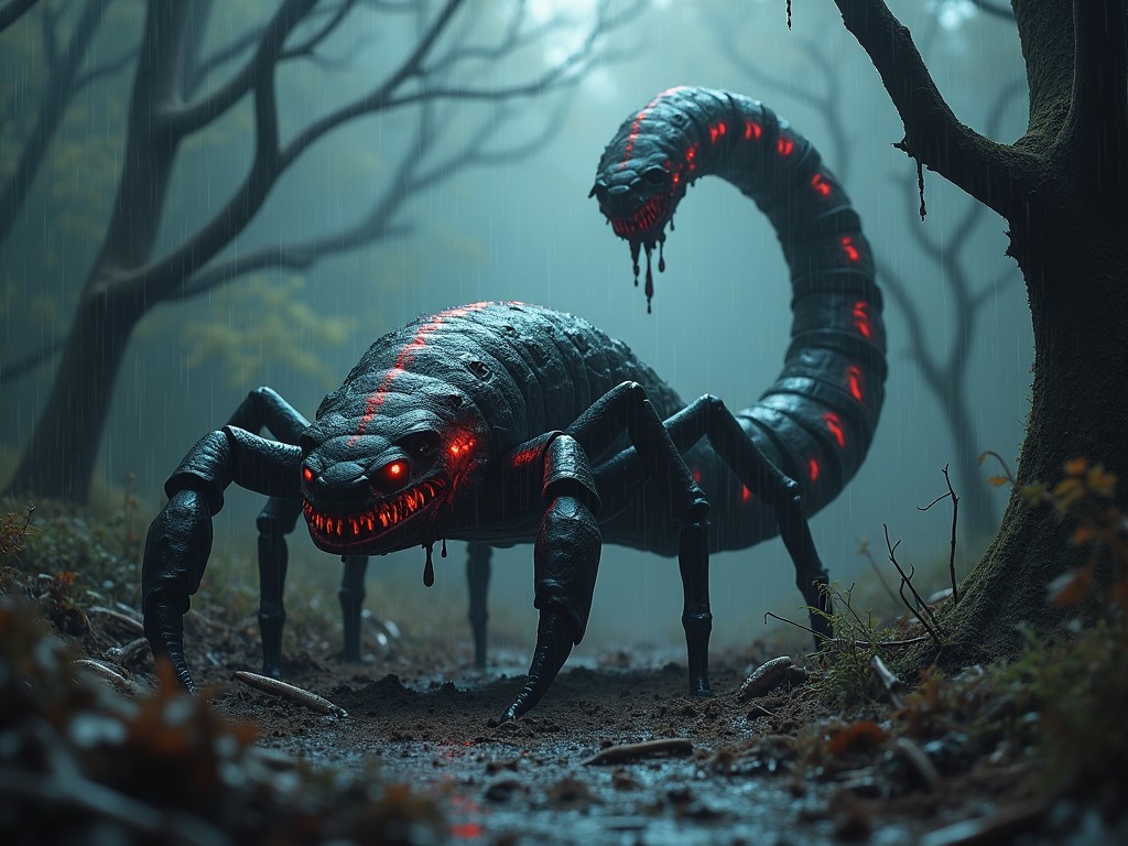 Create a chilling scene featuring a horrific hybrid creature that merges the traits of a snake and a scorpion, set in a dark, rainy forest. The creature has a long, sinuous body covered in glistening black scales, with eerie, glowing red patterns snaking along its length. Its scorpion tail rises ominously behind it, the stinger dripping with a dark, venomous fluid. The forest is shrouded in mist, with rain pouring down in torrents, creating a sinister atmosphere. Shadows loom large, and twisted trees reach out like gnarled fingers. The ground is muddy and treacherous, littered with bones and remnants of unfortunate prey, hinting at the creature's deadly nature.