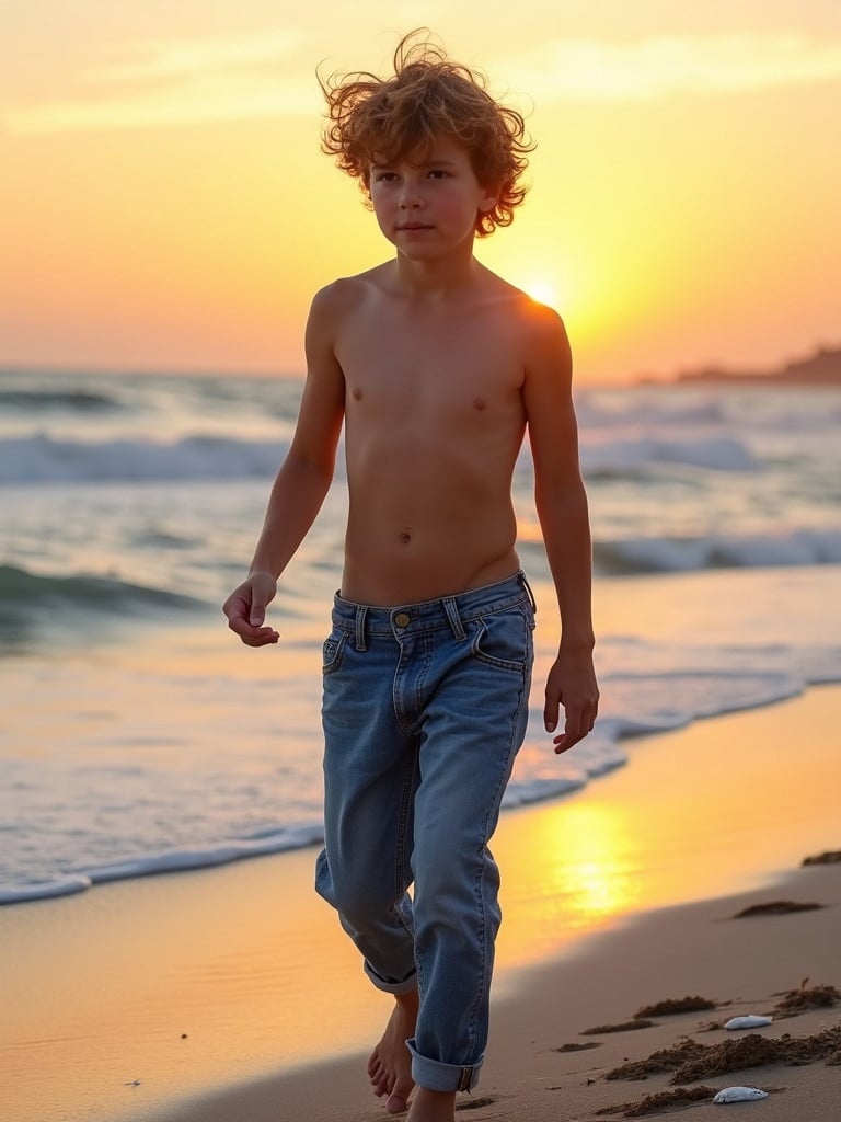 Young teenage boy shirtless wearing low hanging denim jeans walks along the beach during sunset.