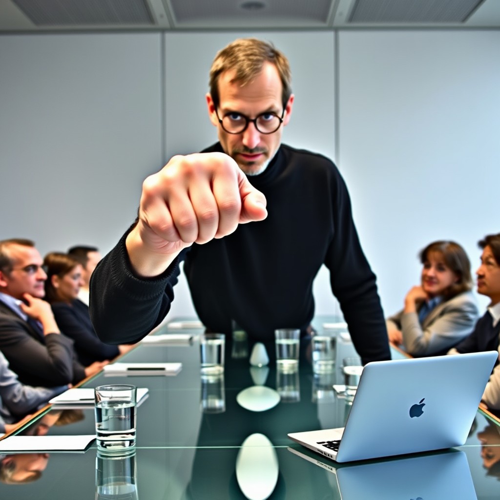 A person forcefully gesturing during a serious business meeting.