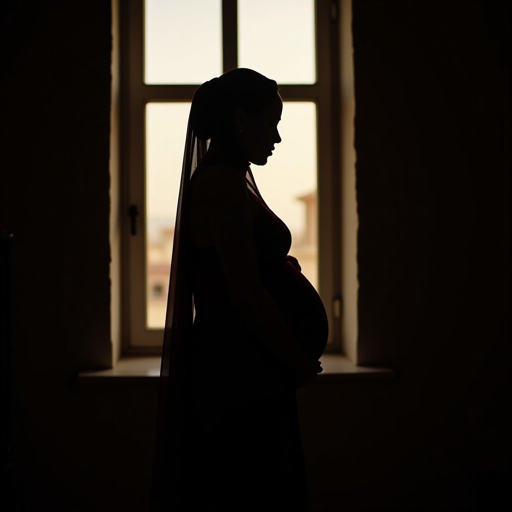 Silhouette of a pregnant woman near a window. The woman holds her belly with one hand. Dressed in a traditional Hausa outfit. Backlighting creates a warm glow. The scene captures the essence of motherhood.