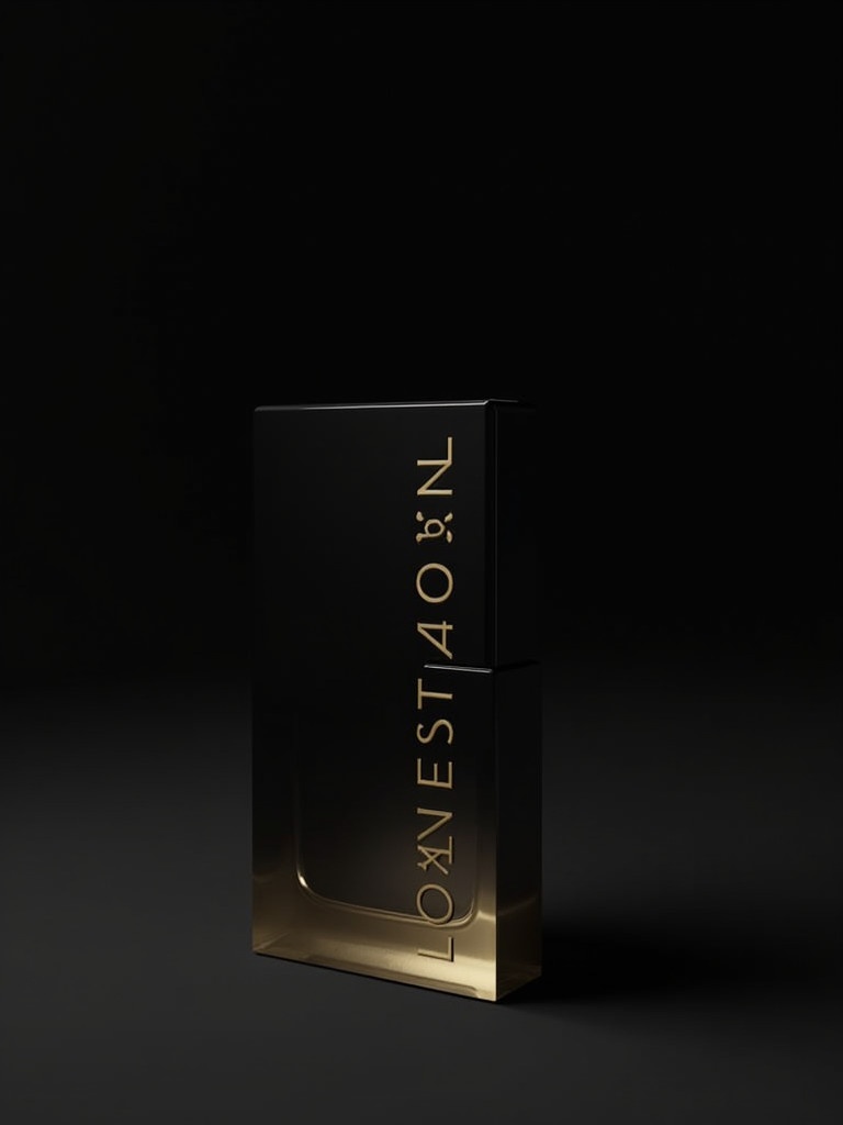 A sleek elegant perfume bottle named Lupenar sits against a dark background. The bottle has a minimalist design with a black lid and gold lettering. Soft lighting enhances the contours of the bottle. Shadows emphasize the shape and luxurious appeal.