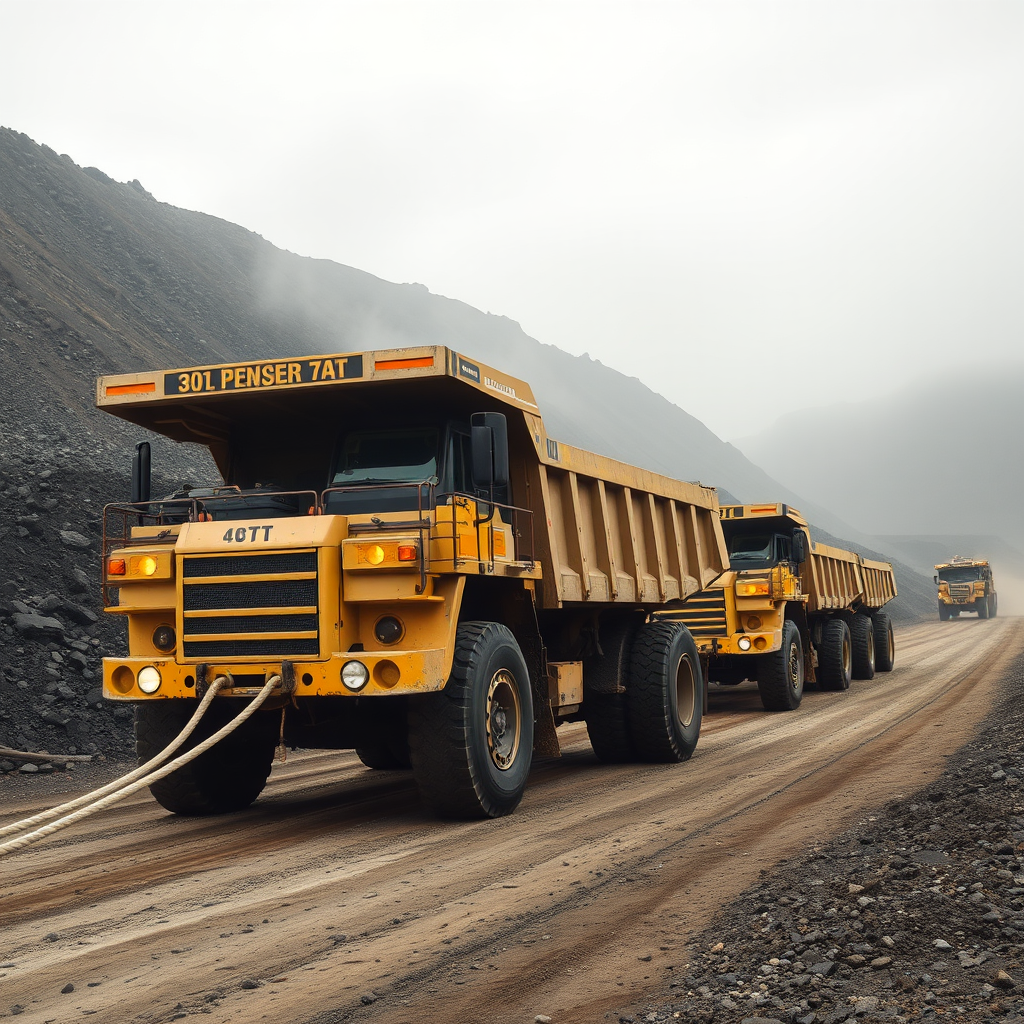 Three large yellow mining trucks move in a line on a dirt road with rocky hills in the background.