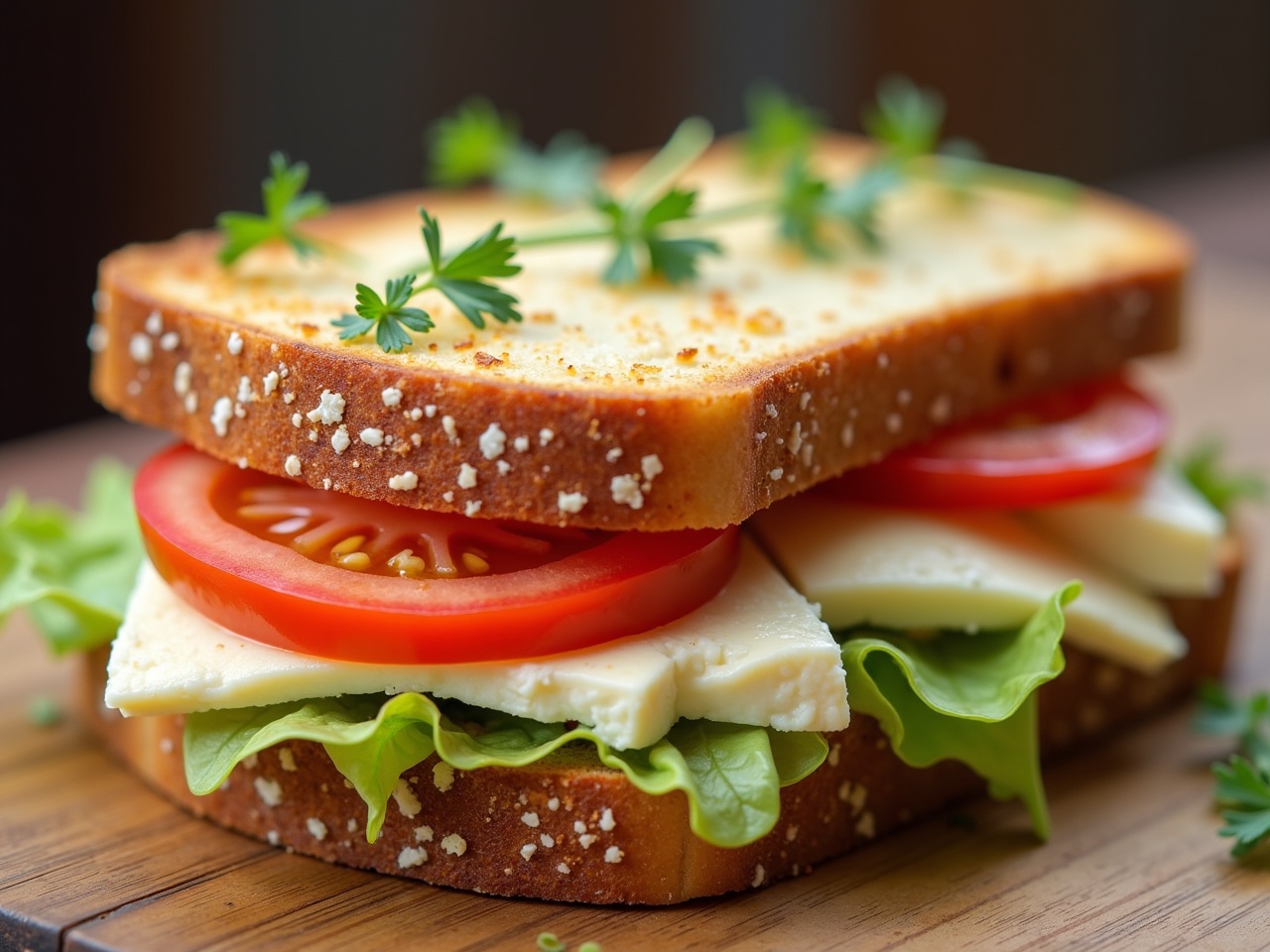 The image features a delicious sandwich stacked high with fresh ingredients. The base is made of two slices of golden, crusty bread, sprinkled with sesame seeds. Inside, you'll find creamy slices of Greek feta cheese layered with vibrant red tomato slices. Crisp lettuce adds a refreshing crunch, complementing the cheeses. The sandwich is artfully presented, with fresh parsley leaves scattered across the top as a garnish. This mouthwatering creation is ideal for a healthy lunch or snack option.