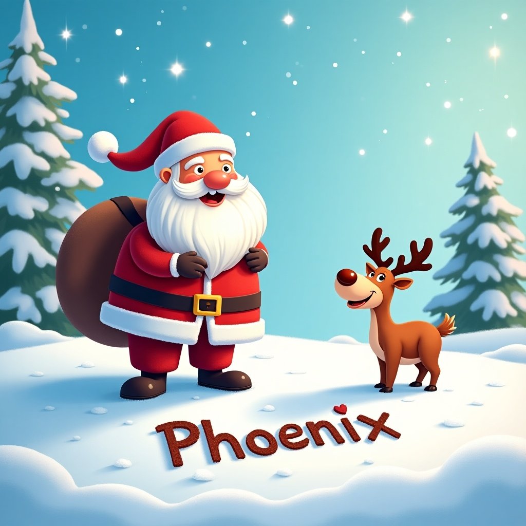 Santa Claus is in a snowy landscape. He writes children's names like 'Phoenix' in the snow. A cheerful reindeer is next to him. There is a bright blue sky and fluffy white snow. Soft light creates a festive atmosphere.